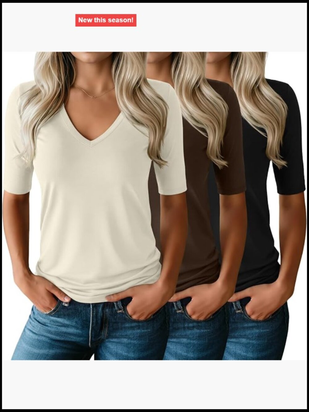 3 Pack Women's V Neck Half Sleeve Stretchy Cotton Blend T-Shirts Slim Fit